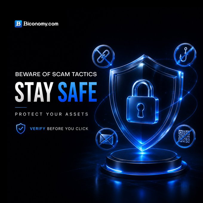 The image features a shield-like object that has a lock on top of it. The shield is made out of glass, giving it an electronic appearance. Below the shield, there are several icons representing different types of security threats or warnings. These include a lock symbolizing the importance of securing one's digital assets and information, as well as a "verify before you click" icon indicating that users should be cautious about clicking on unknown links to protect their online safety. The image also includes text in blue and white colors, which reads: "BiconomyCom Special Reminder Beware of Scam Tactics, Protect Your Information and Asset Safety Beware of Unknown Links, Operate with Caution Actively Report Suspected Scam Link".
