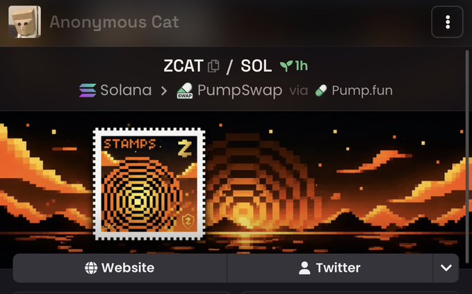 The image shows a Pump.fun token page for "ZCAT" on Solana, featuring a cat avatar for "Anonymous Cat" and a pixelated stamp graphic with "STAMPS Z" text, promoting it as the first $Zcat token on the zcashstamp.com launchpad.