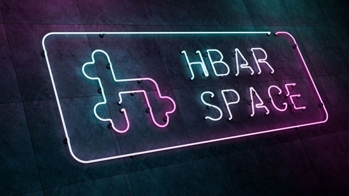 A neon sign glows with pink, purple, and blue light, displaying a puzzle piece logo and the text 'HBAR SPACE' against a dark textured wall.
