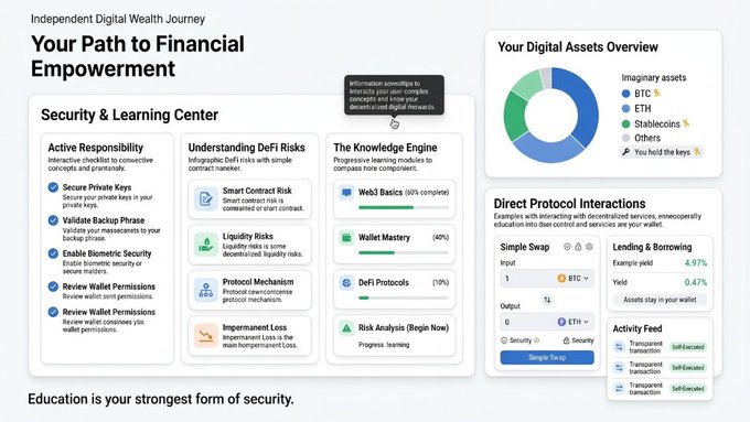 A dashboard titled 'Your Path to Financial Empowerment' and 'Your Digital Assets Overview' displays a donut chart for assets like BTC, ETH, and Stablecoins, alongside sections for DeFi risks, learning progress, and protocol interactions.