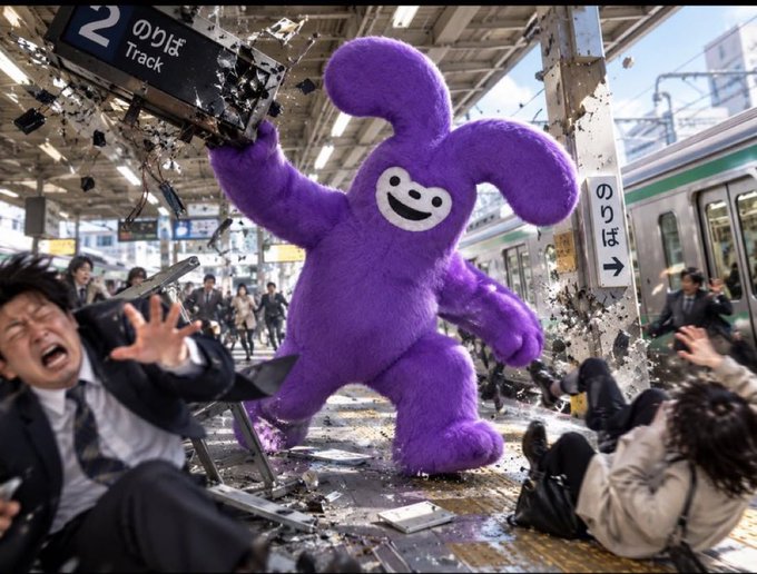 A giant purple fluffy mascot crashes through a Japanese train station platform, smashing the "2 のりば Track 2" sign and sending debris flying as commuters scramble in panic, evoking the chaotic destruction of an altcoin token crashing through holders' portfolios — perfectly mirroring the post's dread of Wintermute dumping tokens into thin liquidity before the rumored 100mm market cap and Binance listing, wiping out late entrants.