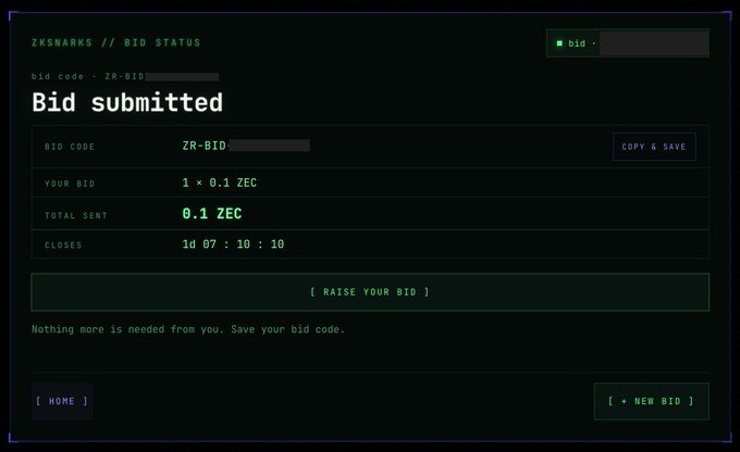 Screenshot of a ZK-SNARK bid status page titled 'Bid submitted' on the ZK-SHARKS platform, showing a bid code of ZR-BID for 1 x 0.1 ZEC (0.1 ZEC total) closing at 1d 07:10:10, with buttons to 'Raise your bid', 'Copy & Save', or start a '+ New Bid'.