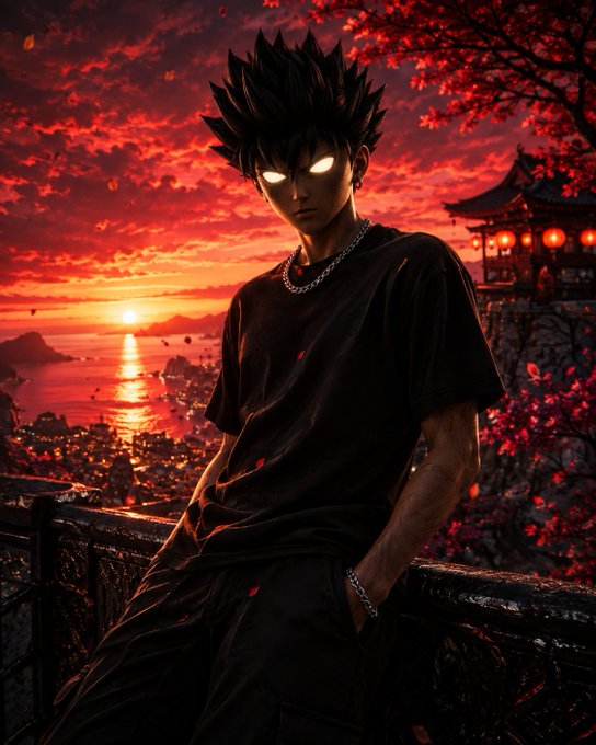 A spiky-haired anime character with glowing eyes sits against a dramatic crimson sunset, embodying the bold, high-risk energy of a new trading week. The image mirrors the post's confident "2.5k already" momentum, with the fiery sky and intense character reflecting the hustle and ambition behind "1 fig in my portfolio."