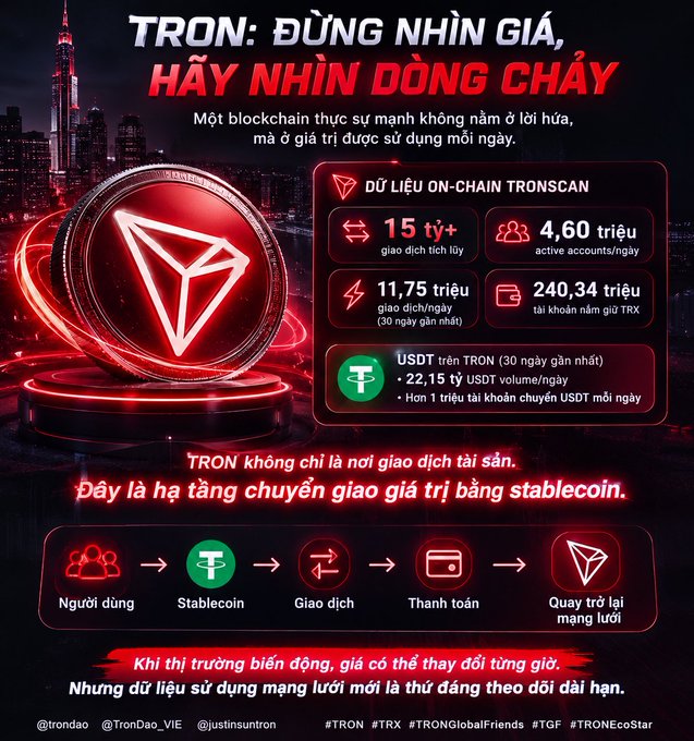 A Vietnamese promotional infographic for TRON blockchain highlighting on-chain data with 15+ billion cumulative transactions, 4.60 million daily active accounts, and 240.34 million TRX holding accounts.