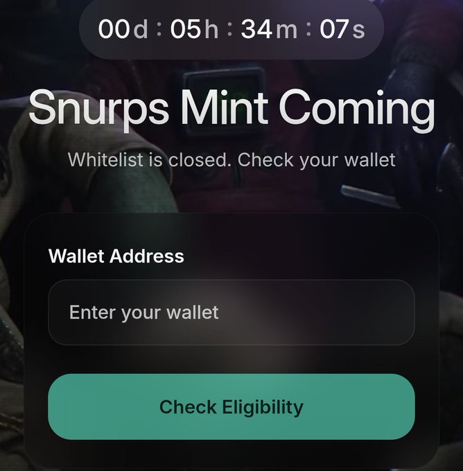 A mobile app or website interface titled 'Snurps Mint Coming' with a countdown timer, a wallet address input box, and a 'Check Eligibility' button.