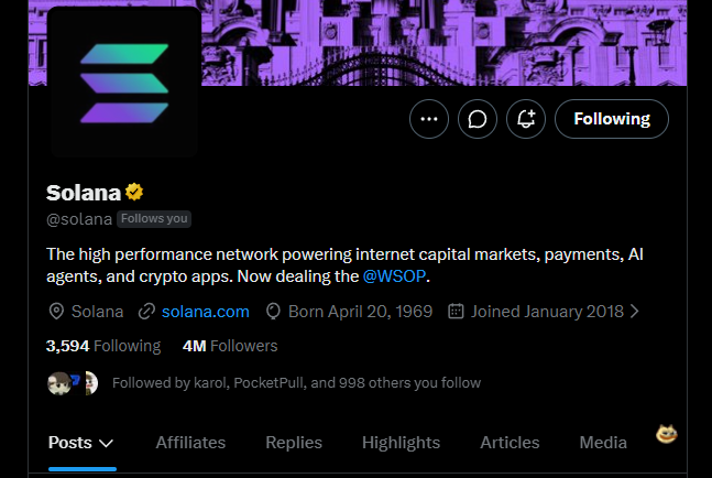 A screenshot of Solana's (@solana) Twitter/X profile shows the account has 3,594 Following accounts and 4M Followers, supporting the user's claim that they are among the 3,592 mutual follows with the official Solana account.