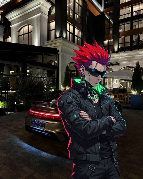 The image features a man with red hair, dressed in black clothing, standing next to a car that has neon lights on its tail light. The man appears to be posing for the photo while wearing sunglasses. In the background, there are buildings visible behind him, suggesting an urban setting. The post also mentions sleep and web3, which could indicate that the man is involved in cryptocurrency or blockchain activities.
