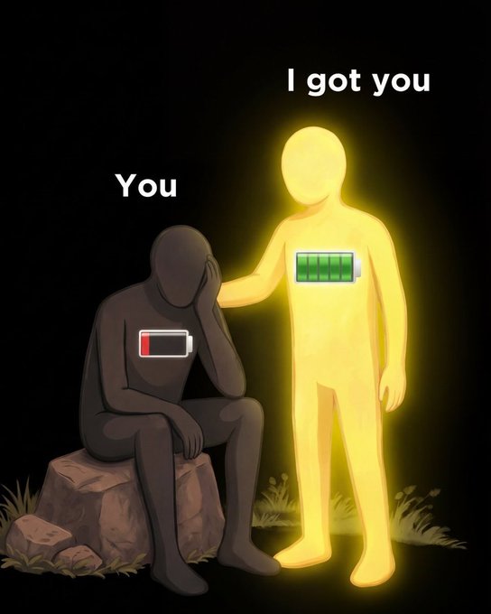 A dark illustration showing two figures labeled "You" and "I got you"; the "You" figure sits dejectedly with a nearly empty red battery icon on its chest, while the glowing yellow figure comforts it with a full green battery.