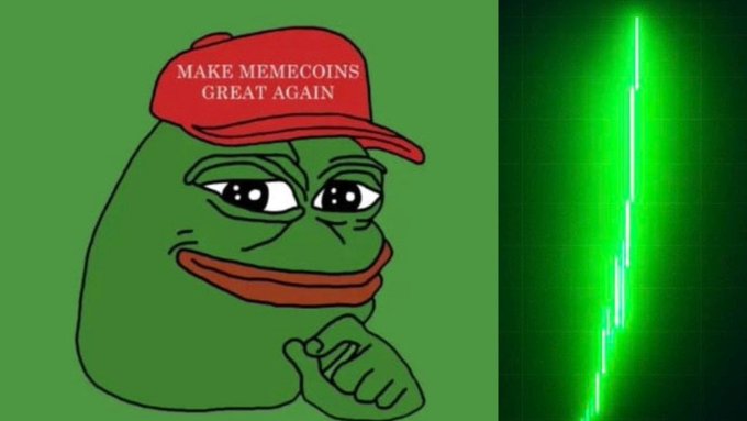 A split image showing the 'Make Memecoins Great Again' Pepe the Frog meme on the left and a green crypto price chart showing a sharp drop on the right.