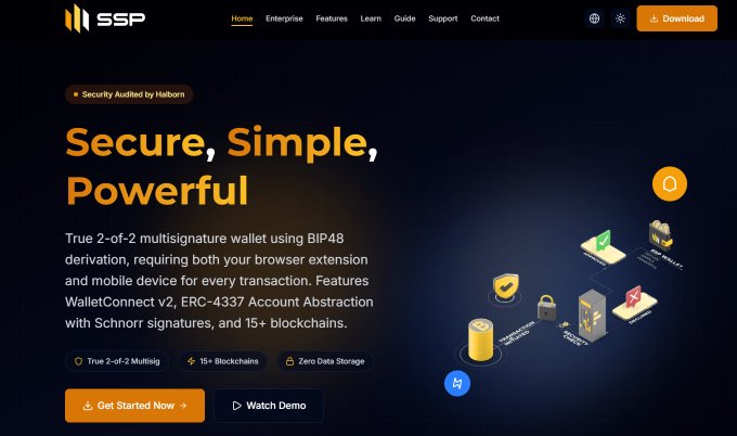 The SSP website promotes a “Secure, Simple, Powerful” true 2-of-2 multisignature wallet. The page mentions BIP48, WalletConnect v2, ERC-4337 account abstraction, Schnorr signatures, 15+ blockchains, zero data storage, “Get Started Now,” and “Watch Demo.”