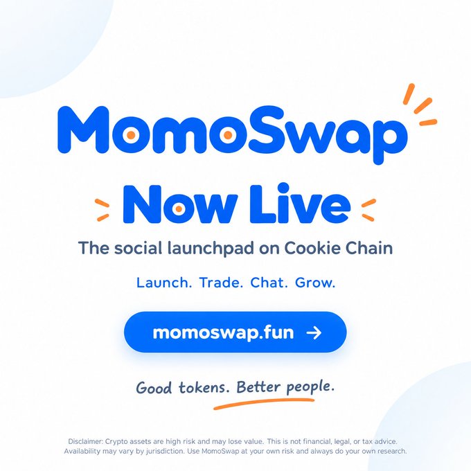 Promotional ad for MomoSwap, described as 'The social launchpad on Cookie Chain.' Text reads 'Launch. Trade. Chat. Grow.' and 'Good tokens. Better people.' with the website 'momoswap.fun'.