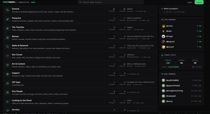 A screenshot of Pump.Forums shows a Reddit-style discussion platform for crypto and meme tokens, featuring categorized sections like "General," "Pump.fun," "The Trenches," "Memes," "Alpha & Research," "Dev Corner," and "Art & Content," along with a sidebar displaying "Forum Stats" (1,132 members, 46 threads, 49 replies) and a "$50 to 4 different artists" job posting—highlighting the undervalued ~40K mcap project noted in the accompanying post.