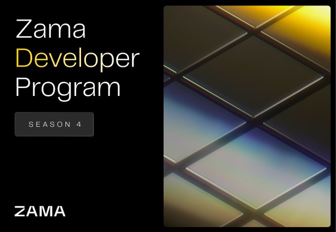 A promotional graphic for the "Zama Developer Program Season 4" features the program title in white and yellow text alongside a small badge reading "SEASON 4," with the ZAMA logo at the bottom left and an abstract geometric tile pattern in gradients of yellow, purple, and teal on the right. The image supports the post's announcement of Season 4's developer challenge to build a confidential version of the @PoolTogether_ prize savings application using the Zama Protocol.