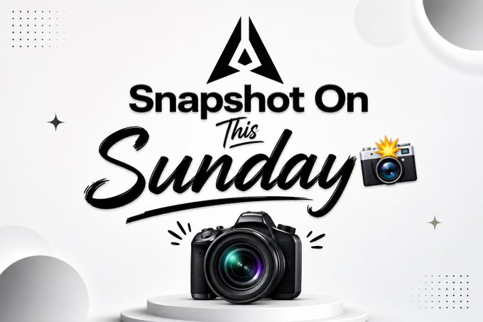 A promotional graphic featuring a DSLR camera and a vintage camera with a flash, alongside the stylized text "Snapshot On This Sunday," teasing GenLayer's official snapshot date for Community and Builder Points.