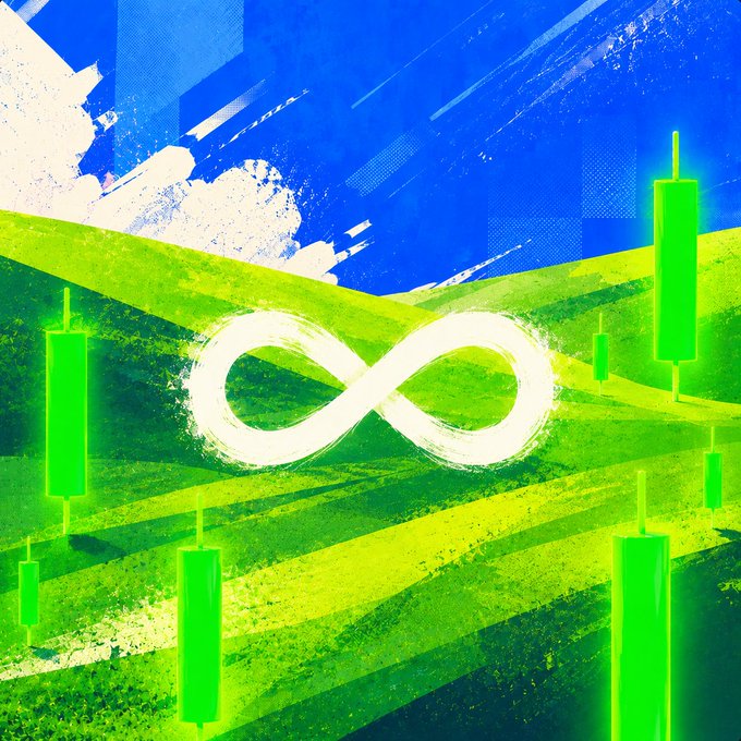 A white infinity symbol soars across a vibrant green field beneath a bright blue sky, overlaid with a candlestick chart pattern symbolizing perpetual bullish momentum, matching the post's vision of an endless game in a green market.