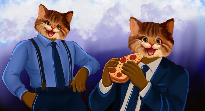 Two anthropomorphic cats in business attire, with one eating a slice of pizza, against a dramatic cloudy purple background.
