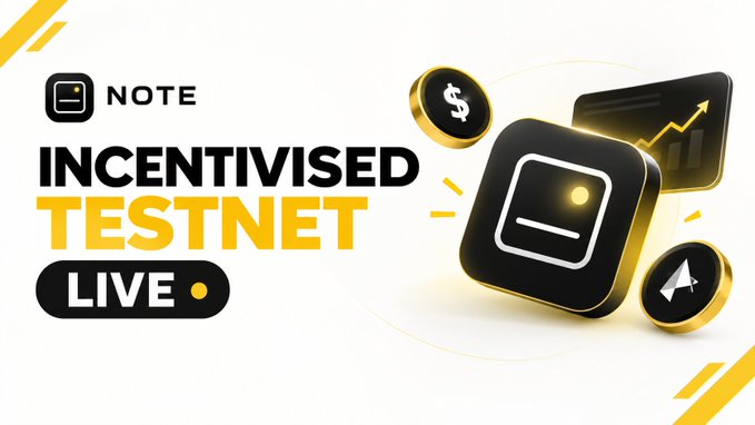 The image is a promotional banner for the **NOTE Incentivised Testnet**, featuring bold black and yellow typography that reads "NOTE INCENTIVISED TESTNET LIVE," alongside 3D-rendered icons of a dollar coin, an upward growth chart, a megaphone, and a stylized note/card graphic with a glowing dot, all set against a clean white background with decorative yellow accents. The banner visually complements the accompanying post by announcing the launch of NOTE's free, points-based testnet campaign where users can farm $NOTE tokens by creating a profile and engaging with the app.