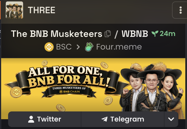 A cryptocurrency token page for 'THREE' titled 'The BNB Musketeers' on BSC/Four.meme, featuring the slogan 'ALL FOR ONE, BNB FOR ALL!' with cartoon muskeeter figures and links to Twitter and Telegram.