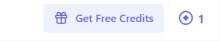 A simple digital button interface with a gift box icon, the text 'Get Free Credits', and a numerical value of '1' next to a diamond icon.