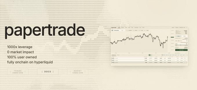 A promotional graphic for 'papertrade' lists features including '1000x leverage', '0 market impact', '100% user owned', and 'fully onchain on hyperliquid', alongside a trading interface chart.