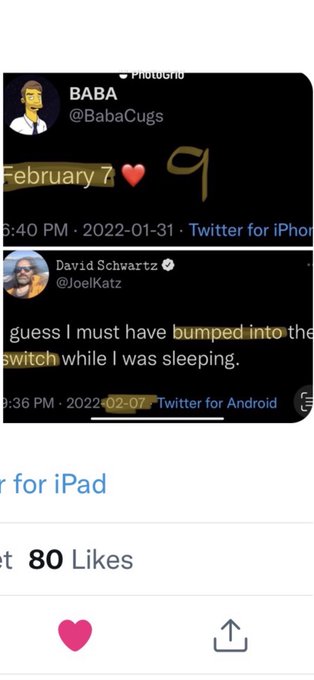 A screenshot of two tweets where users BABA (@BabaCugs) and David Schwartz (@JoelKatz) discuss a switch and bumping into things, with 80 likes shown.