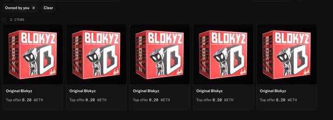 A screenshot of a digital collectibles marketplace displaying five "Original Blokyz" NFTs, each with a top offer of 0.20 WETH, visually confirming the poster's excitement about owning five Blokyz in their wallet.