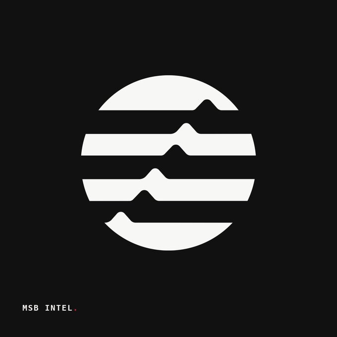 A black background features a white circular logo with horizontal segments resembling mountains, labeled 'MSB INTEL.' in the bottom left corner.