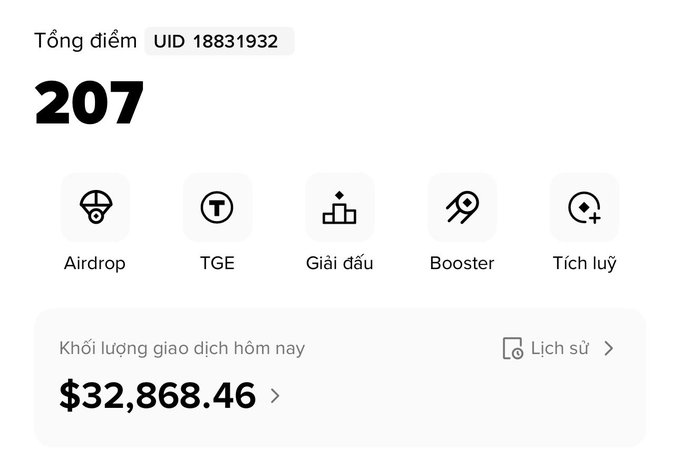 The image shows an app screen with a white background displaying a list of five icons representing different types of cryptocurrency. The first icon is for Airdrop, followed by TGE, GiiD, booster, and Tichu. The last two icons are for Airdrop and Tichu. The text on the screen reads "207", which could be a number or a description related to the app's functionality.