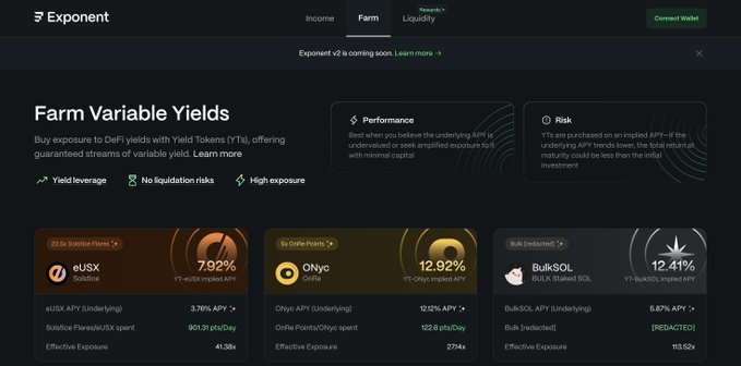xtrader account dashboard for Exponent, displaying Farm Variable Yields and other financial data.
