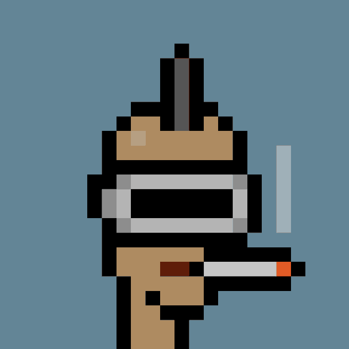 A pixel art portrait of a Cryptopunk character, featuring a stylized face with a spiked mohawk and a cigarette in its mouth against a blue background, representing Punk #3859 from the CryptoPunks collection.