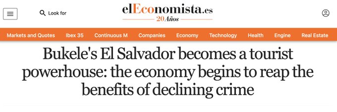 A screenshot of an elEconomista.es article headlined "Bukele's El Salvador becomes a tourist powerhouse: the economy begins to reap the benefits of declining crime," highlighting how President Nayib Bukele's security-driven crackdown has helped transform El Salvador into a rising tourism destination and emerging economic success story.