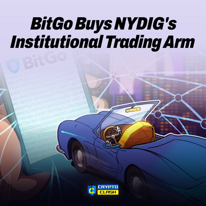 A graphic advertises 'BitGo Buys NYDIG's Institutional Trading Arm' featuring cartoon artwork of a convertible car and a hand holding a phone displaying the BitGo logo, branded with 'Crypto Clash'.