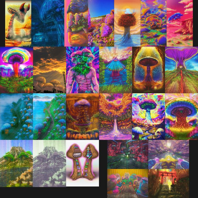 A collage of various vibrant, psychedelic digital artworks featuring surreal landscapes, mushrooms, organic forms, and abstract creatures.