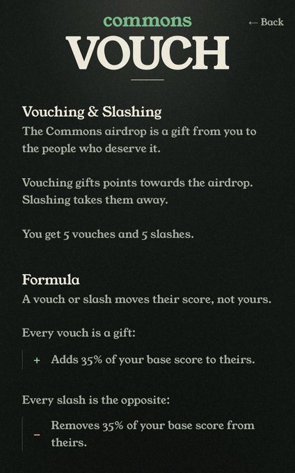 Commons VOUCH explainer screen detailing vouching and slashing rules, where vouches add 35% of your base score to another user and slashes remove 35%.