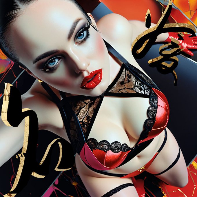 A striking portrait features a woman in red and black lace lingerie with bold red lips and blue eyes, overlaid with golden brushstroke calligraphy characters, embodying the glamorous and exclusive "$FAME Lady" concept referenced in the post.