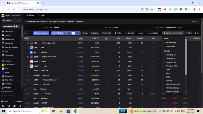 A desktop screenshot of the DEX Screener website displaying a leaderboard of trending tokens, with filters for 24h volume, 24h buys, and trending status.