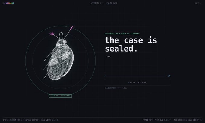 A dark-themed website interface for 'SCARABROID' displays a wireframe graphic of a scarab beetle with the text 'the case is sealed.' alongside a prompt to 'ENTER THE LAB.'