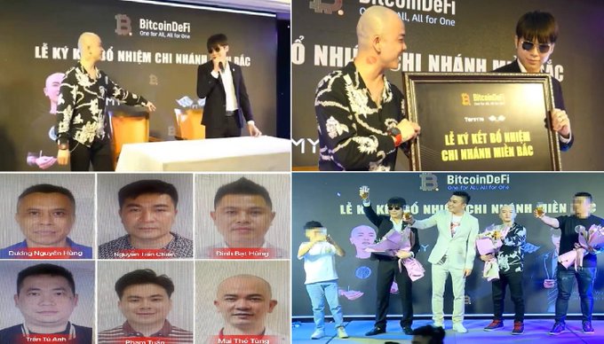 A collage featuring photos from the BitcoinDeFi signing ceremony event and mugshots of six individuals with Vietnamese names including 'Đường Nguyễn Hùng', 'Nguyễn Trần Châu', 'Đinh Đại Hùng', 'Trần Tú Anh', 'Phạm Tuấn', and 'Mai Thế Tưởng'.
