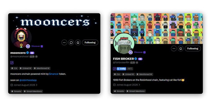 Two Twitter profile screenshots displayed side by side, showing "mooncers" (@mooncershood) with a pixelated hooded figure on the left and "FISH BROKER" (@fishbrokerRH) with a colorful grid of fish characters on the right, both highlighting their NFT collections on the Robinhood chain with respective Moni scores and follower counts matching the post's details.