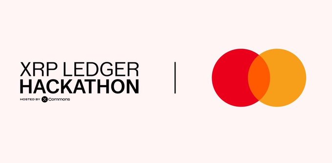 A promotional graphic for the 'XRP LEDGER HACKATHON' hosted by X Commons, displayed alongside the Mastercard logo on a cream background.