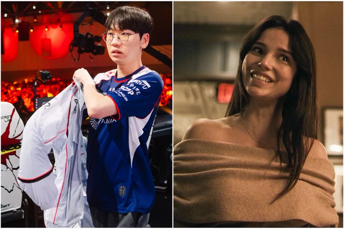 A split image showing a young man with glasses holding up an esports team jersey on the left, and a smiling woman with long dark hair wearing a tan off-shoulder sweater on the right.