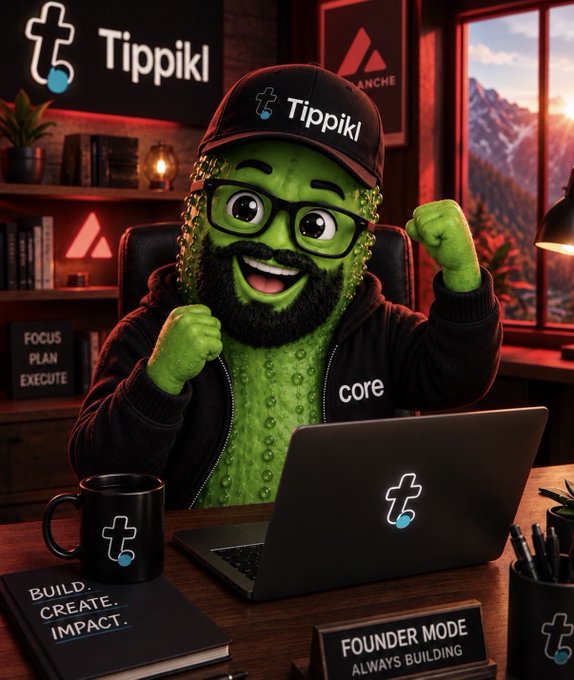 An AI-generated mascot with green bumpy skin, a black beard, and glasses wearing a 'Tippiki' branded cap and jacket works enthusiastically on a laptop, with text like 'FOUNDER MODE ALWAYS BUILDING' and 'FOCUS PLAN EXECUTE' visible on a notebook.