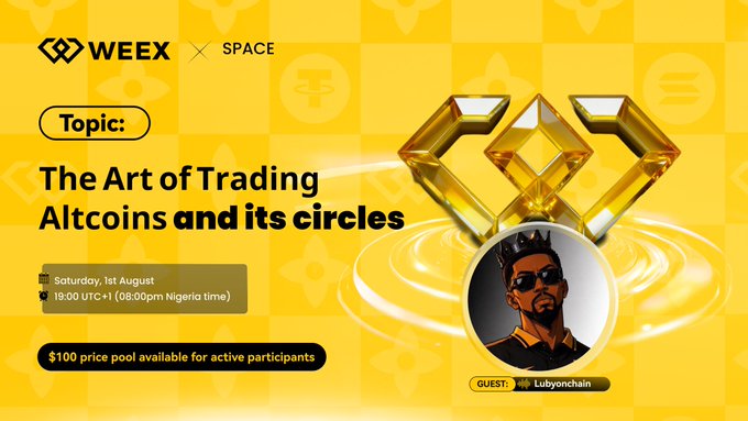 A promotional banner for a WEEX x SPACE event titled "The Art of Trading Altcoins and its circles," featuring guest "Lubyonchain" on Saturday, 1st August at 19:00 UTC+1 (08:00pm Nigeria time), with a $100 prize pool for active participants, visually reflecting the post's call to connect with traders and gain insights into the altcoin market.