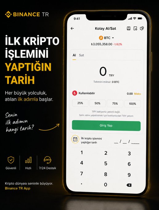 A Binance TR advertisement displays a smartphone mockup of the "Kolay Al/Sat" (Easy Buy/Sell) interface for BTC (₺3,055,358.00) with a date field prompting "İlk kripto işlemini yaptığın tarih" (The date of your first crypto transaction), accompanied by the headline "İLK KRİPTO İŞLEMİNİ YAPTIĞIN TARİH" — directly inviting users to recall and record the memorable date of their first crypto trade.
