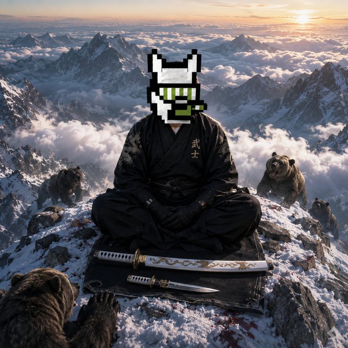 A digital artwork showing a samurai in dark robes with a pixelated helmet mask, sitting cross-legged with two swords in front of him, surrounded by bears on a snowy mountain peak above the clouds.