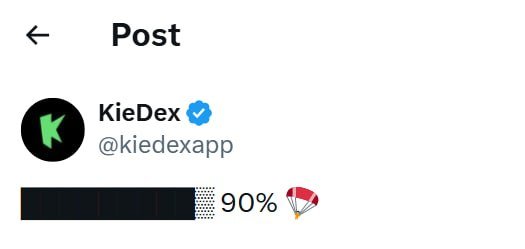 A Twitter/X post from verified account @kiedexapp showing a progress bar at 90% with a parachute emoji.