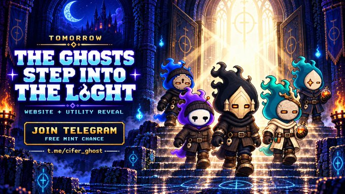 Promotional banner for 'THE GHOSTS STEP INTO THE LIGHT' showing five hooded cartoon characters in a gothic cathedral, advertising a website and utility reveal with a Telegram link.