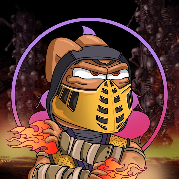 A cartoon Pepe styled as the Mortal Kombat character Scorpion, wearing his iconic yellow ninja mask and wielding flame-wrapped kunai, is featured within a purple circular frame against a dark cityscape background. Small text in the bottom-left reads "TOTH ETH PEPE SHIT," tying the meme to the post's motivational message about "GM Frens" and perseverance "one Pepe at a time."