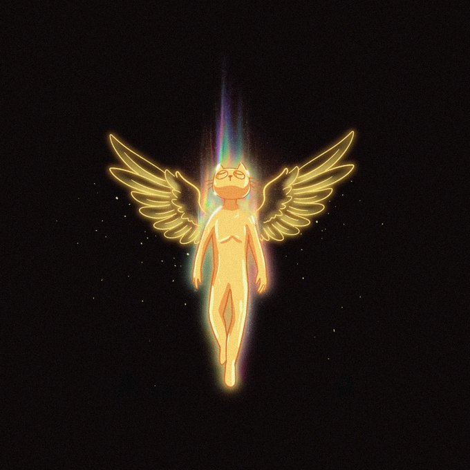 A digital illustration of a yellow cat-like humanoid figure with glowing golden wings and a rainbow aura, floating against a dark background.