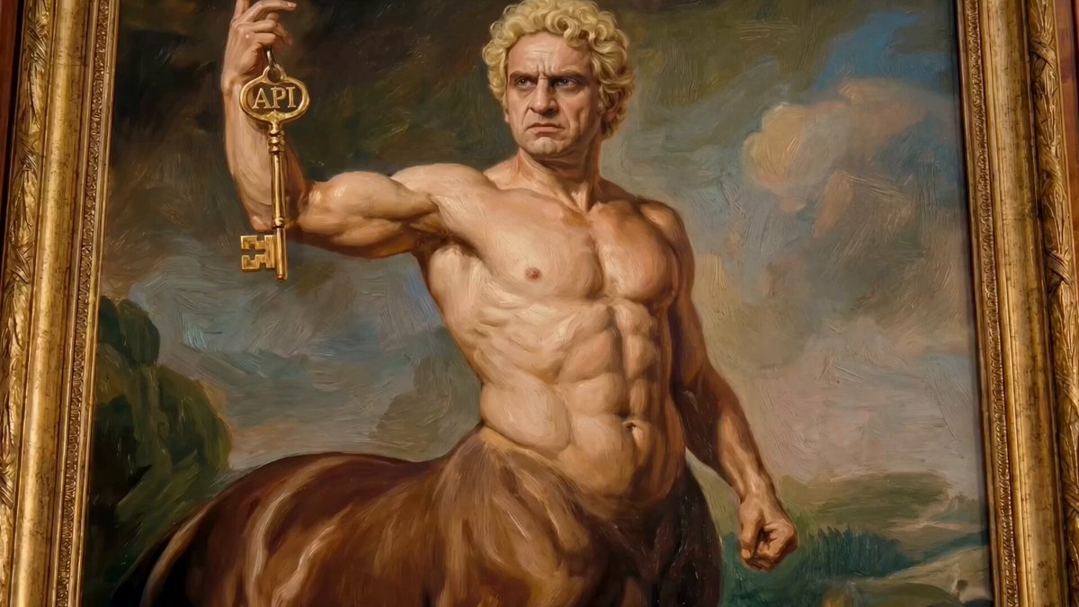 The image features a painting of a muscular man holding a golden key while standing next to a horse. The painting depicts a muscular man with blonde hair wearing a beard, giving him a strong and imposing presence. The golden key he holds appears to be a symbol of power or authority. The background of the painting is filled with clouds, adding depth and atmosphere to the scene. The post that accompanies this image reads: "Ai making things easier, good tek". This phrase suggests that the artist has created an interesting and unique piece of art using the golden key as a central element in the composition.